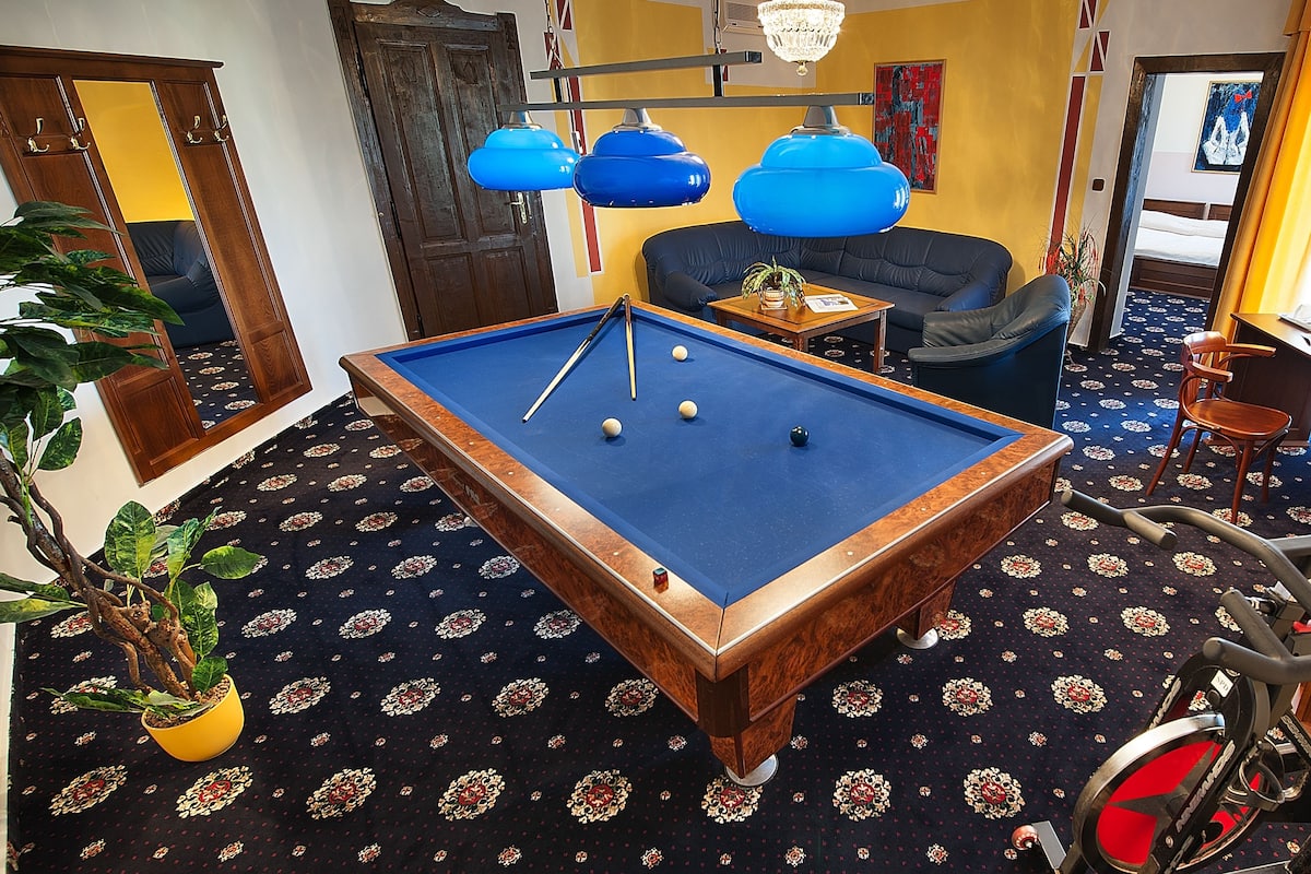 A pool table with balls, a sofa, a desk with a laptop, a bicycle, and a plant.