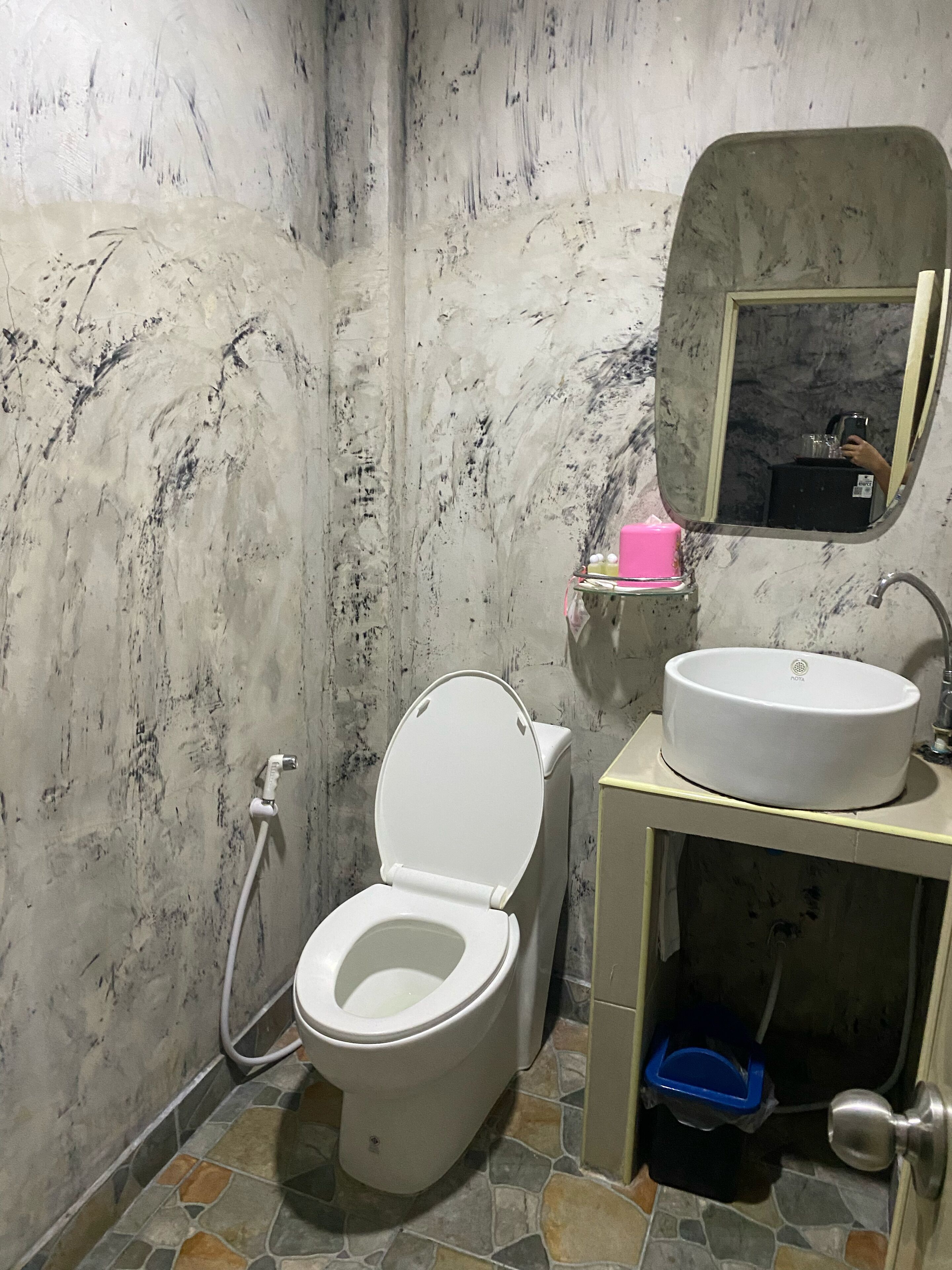A bathroom with a white toilet, a sink, and a mirror.