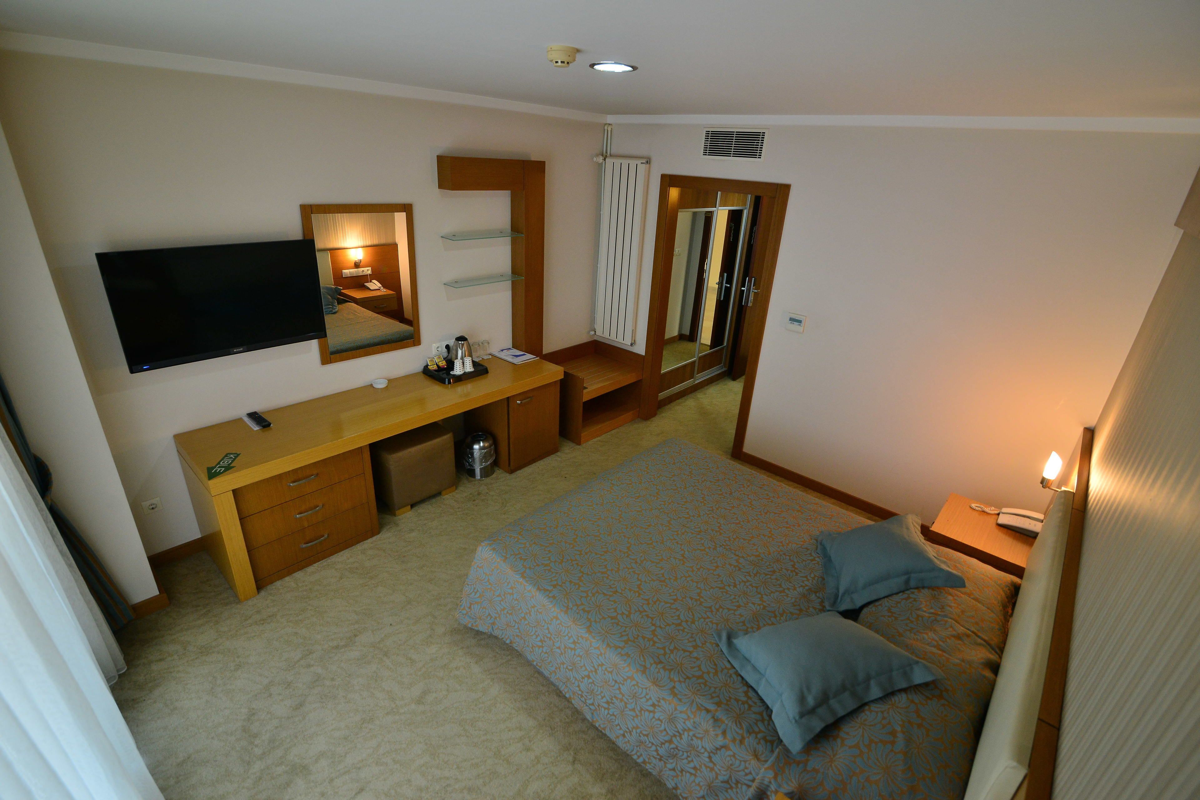 A bedroom with a bed, a desk, a mirror, a television, and a radiator.