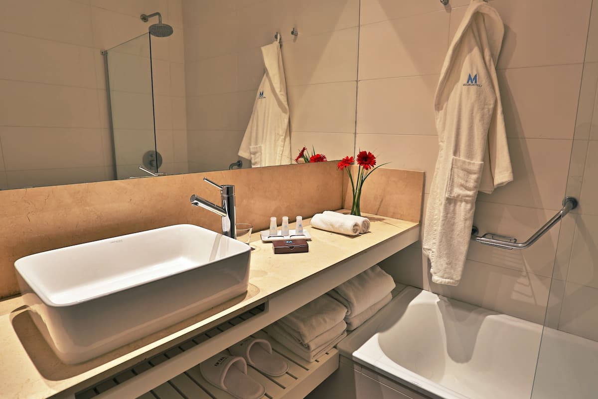 combined shower/bathtub, free toiletries, hair dryer, slippers