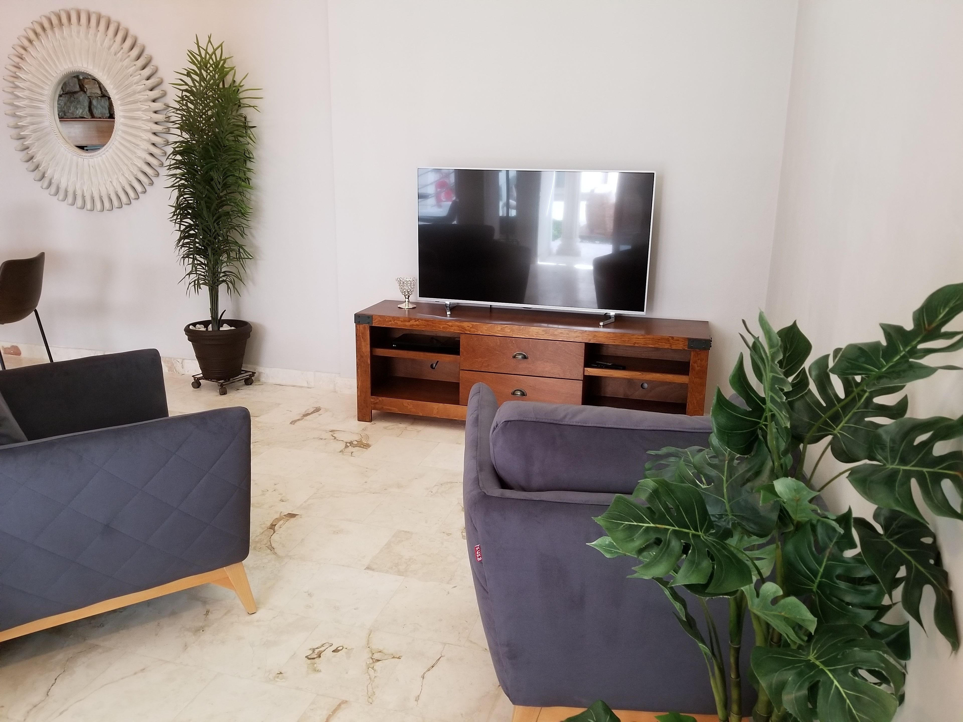 A living room with a flat-screen TV on a wooden TV stand, two sofas, a potted plant, and a decorative mirror.