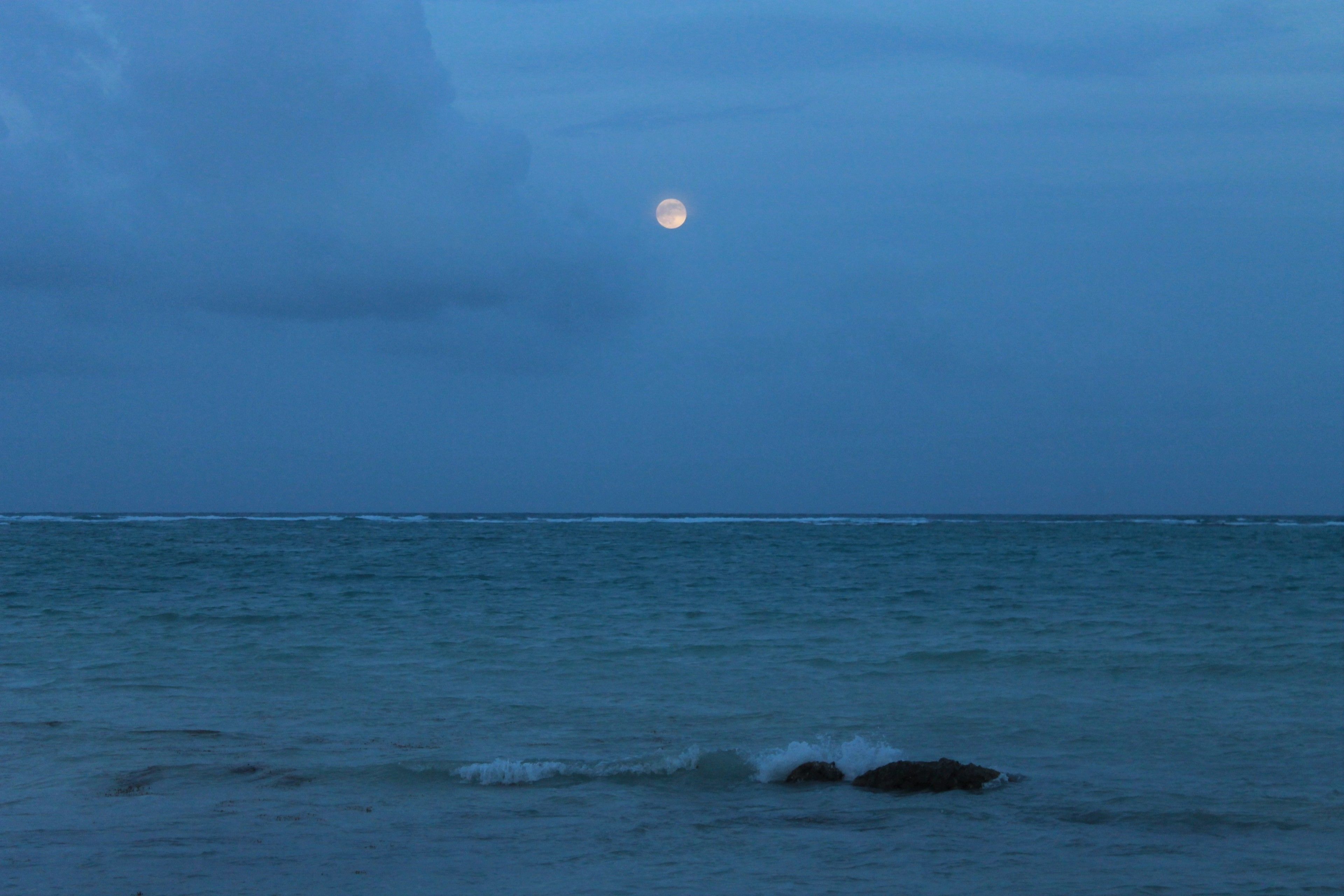 A moonlit ocean scene with waves and a rocky outcrop.