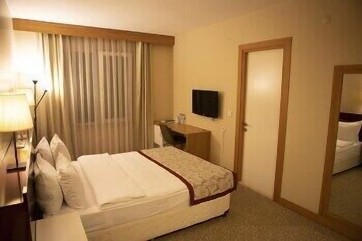 A hotel room with a bed, a desk, a chair, a TV, and a door.
