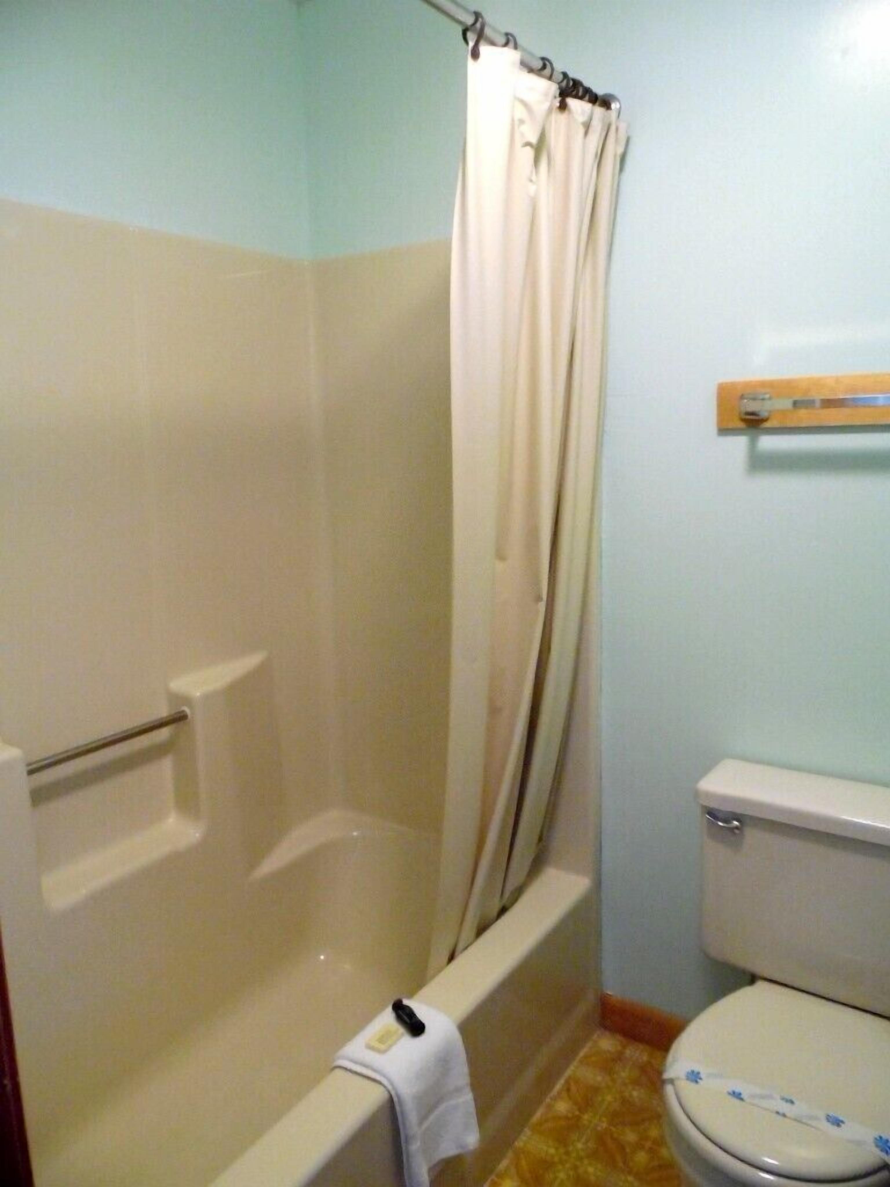 Une salle de bain avec une baignoire, des toilettes et un rideau de douche.