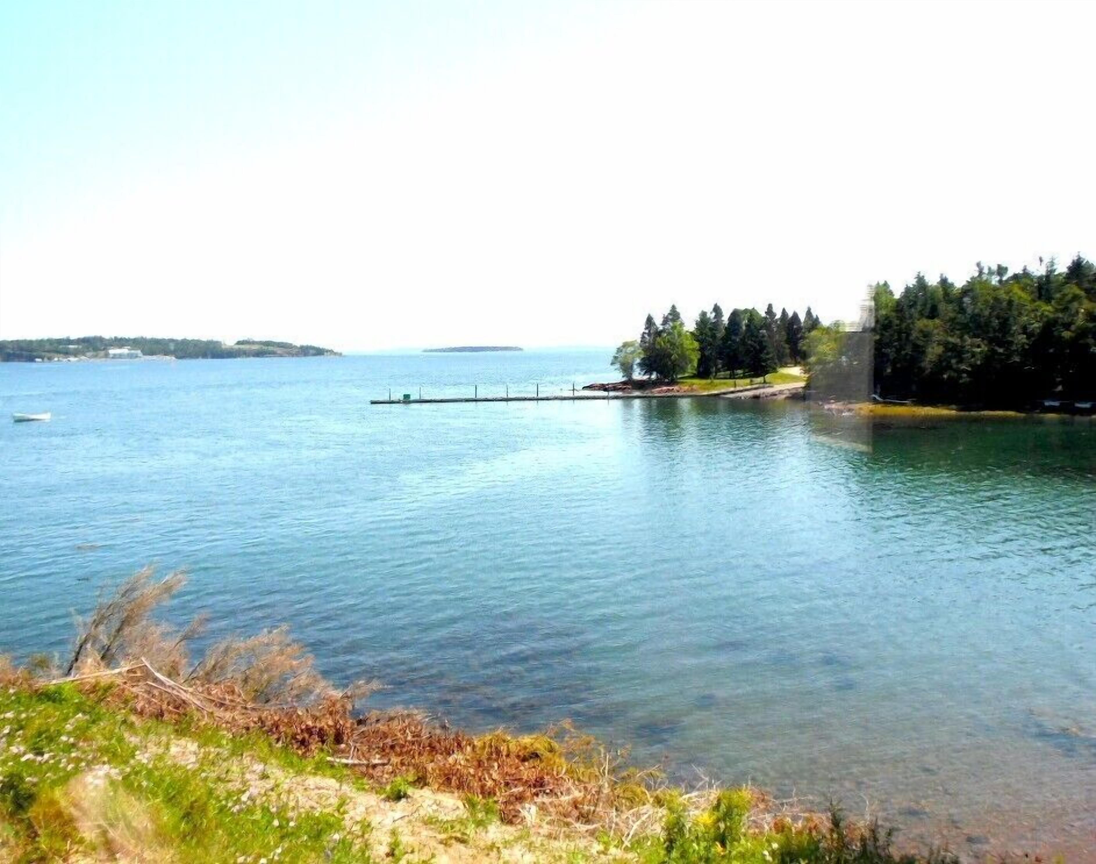 A calm lake with a dock extending into the water, surrounded by trees and a distant shoreline.