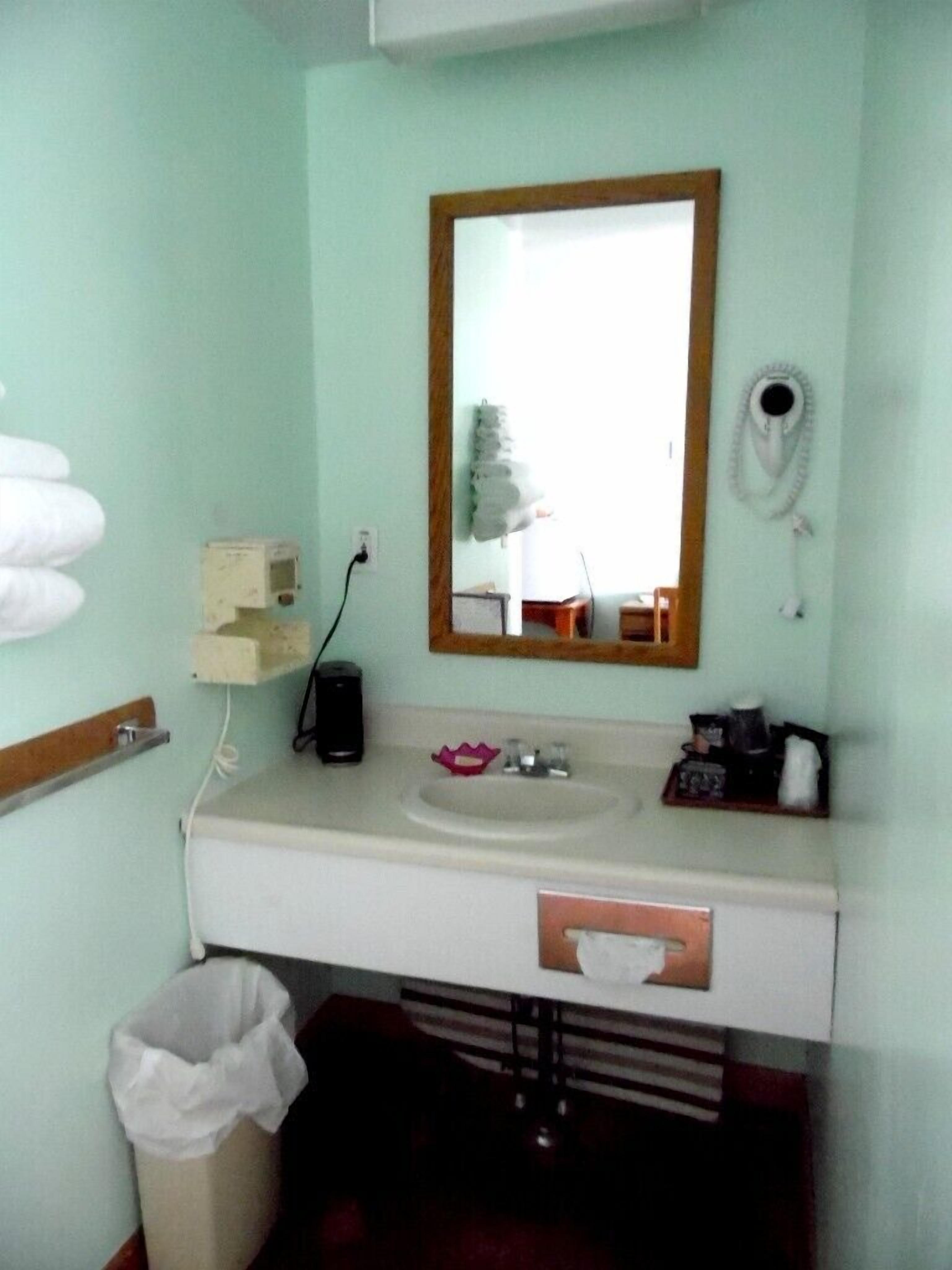 A bathroom with a white sink, a mirror, a hairdryer, and a trash bin.