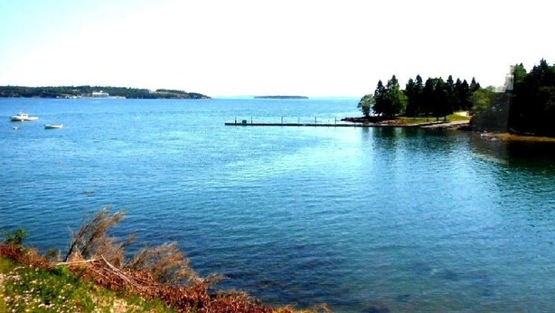 Un lac paisible avec une jetée qui s’avance sur l’eau, entouré d’arbres et bordé par une rive lointaine.