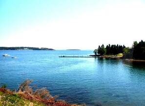 A calm lake with a dock extending into the water, surrounded by trees and a distant shoreline.