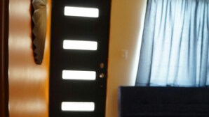 A living room with a dark-colored sofa, a door with illuminated panels, and a window with curtains.