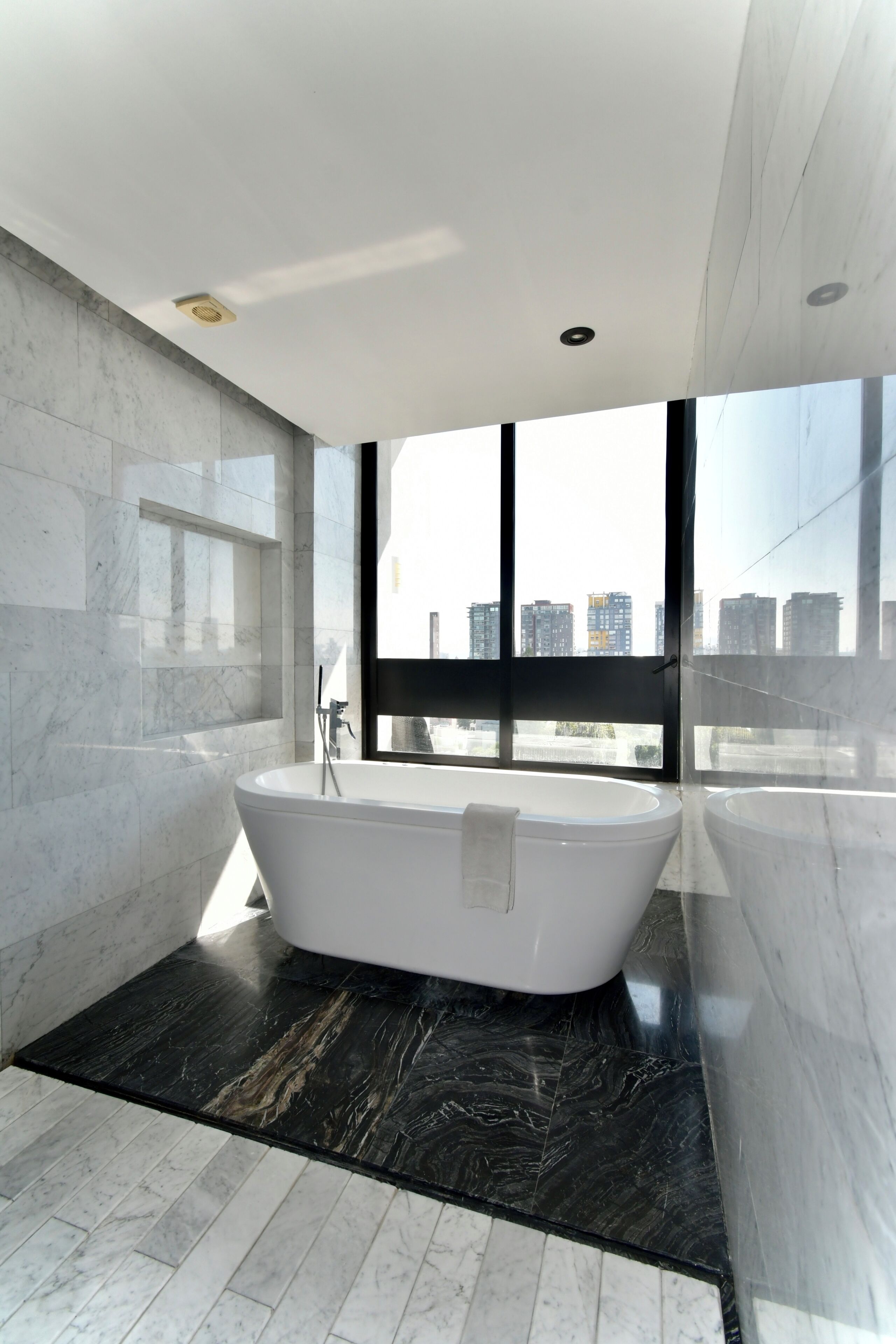 presidential suite | bathroom | shower, rainfall showerhead, hair dryer, towels