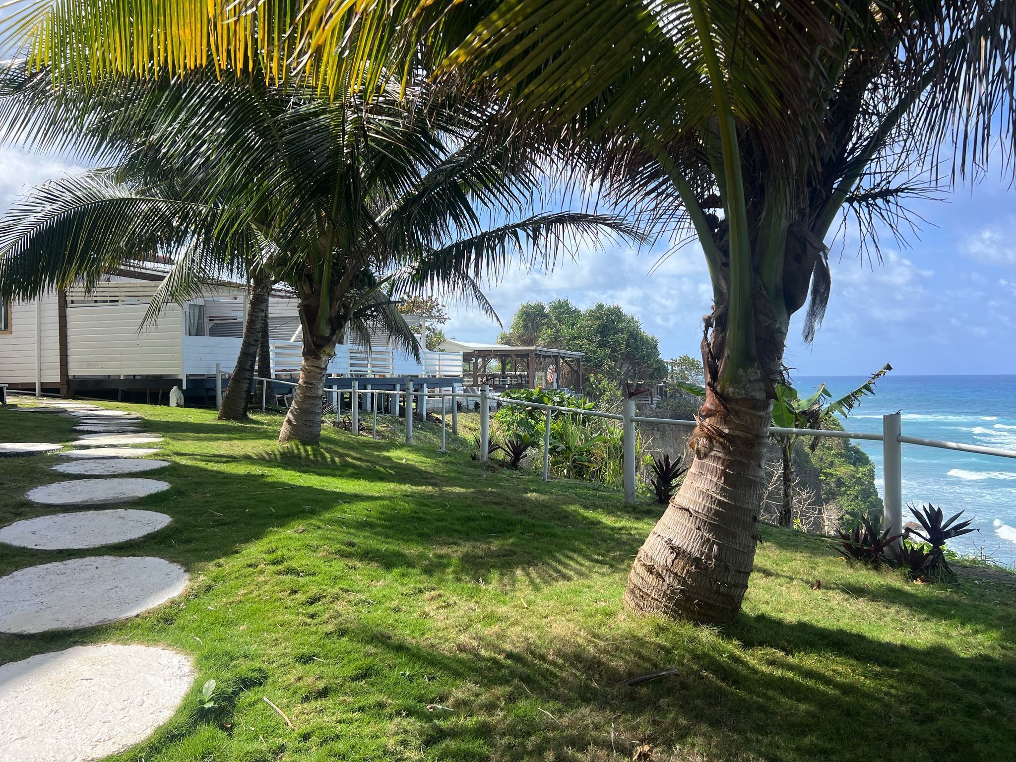 Un camino que lleva a una propiedad frente a la playa, con palmeras y vista al océano.