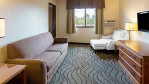 Una habitación de hotel con un sofá marrón, un sillón blanco, un aparador de madera y una televisión.
