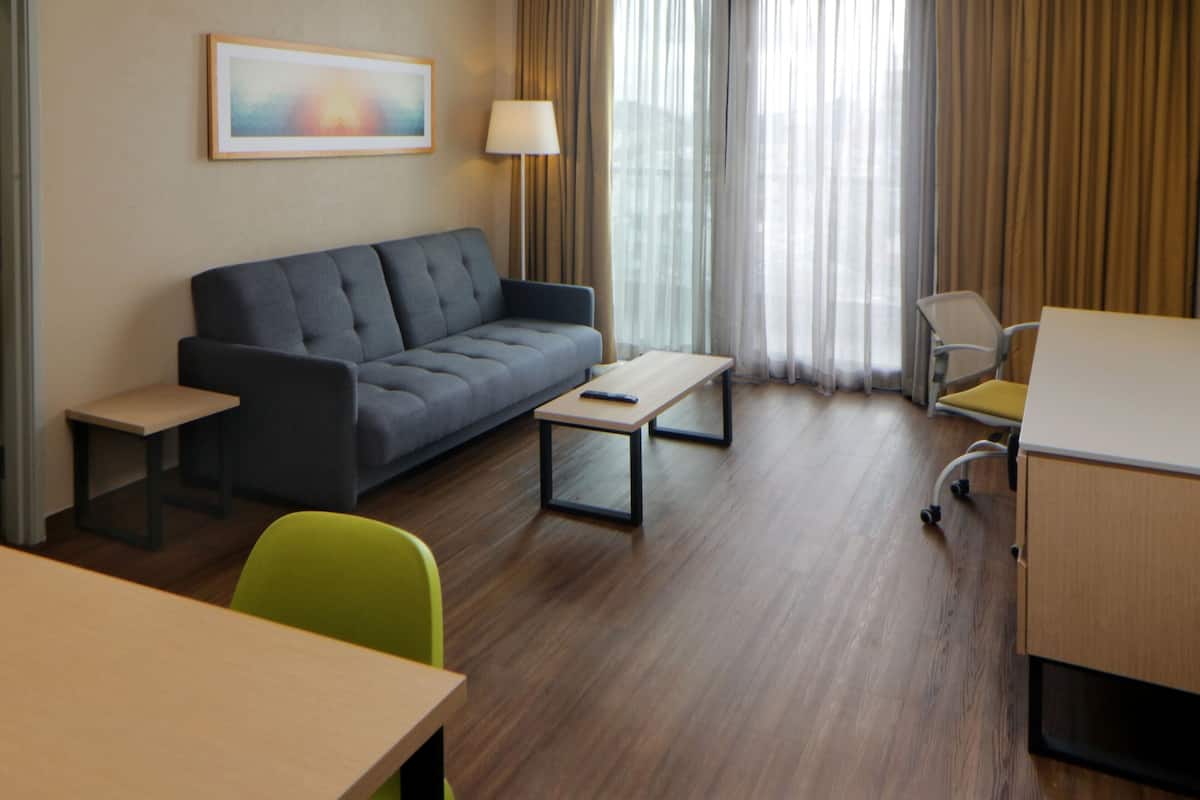 A modern hotel room with a grey sofa, a small table, a green chair, a desk, and a lamp.