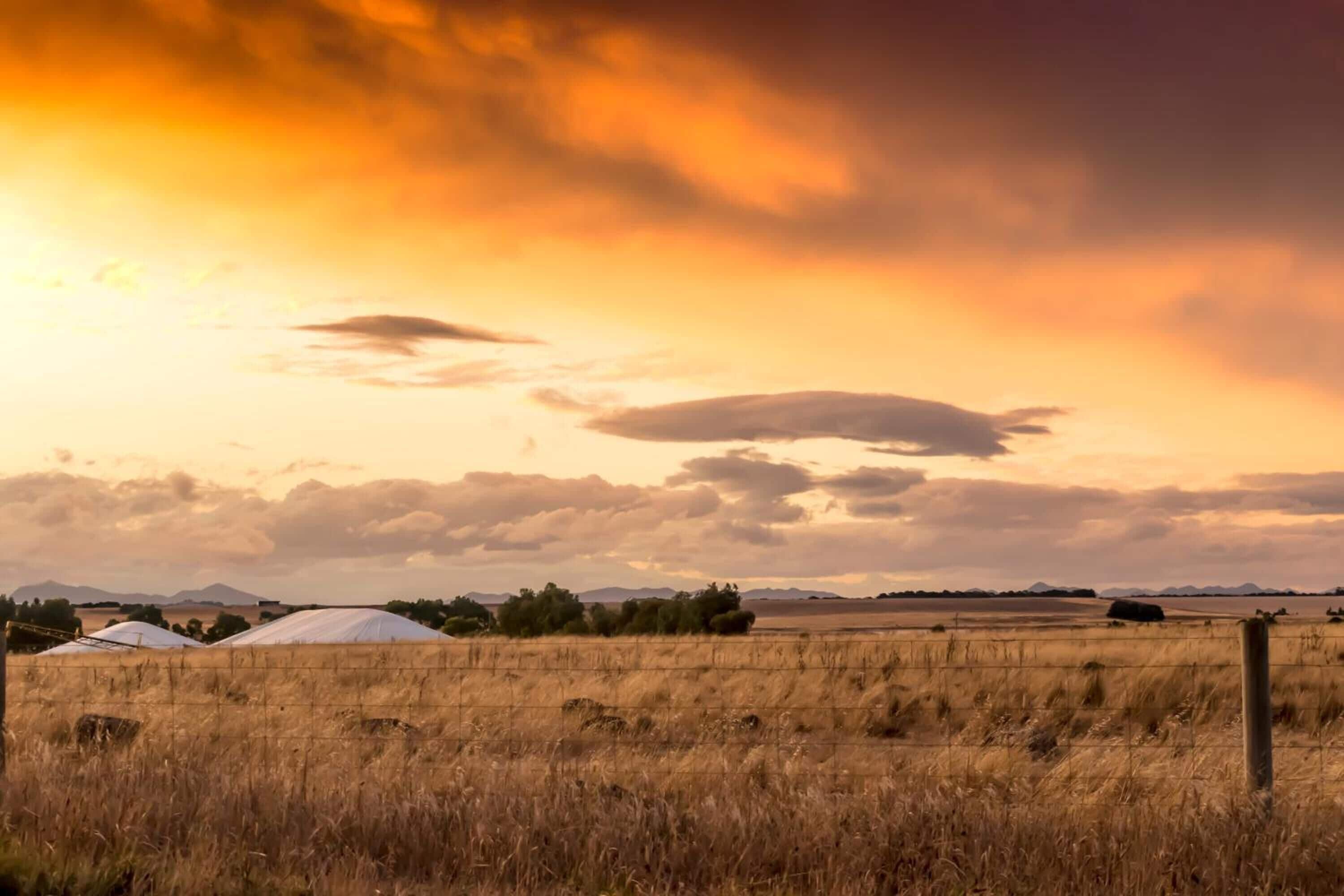 A field with tents and a distant mountain range under a sunset sky.