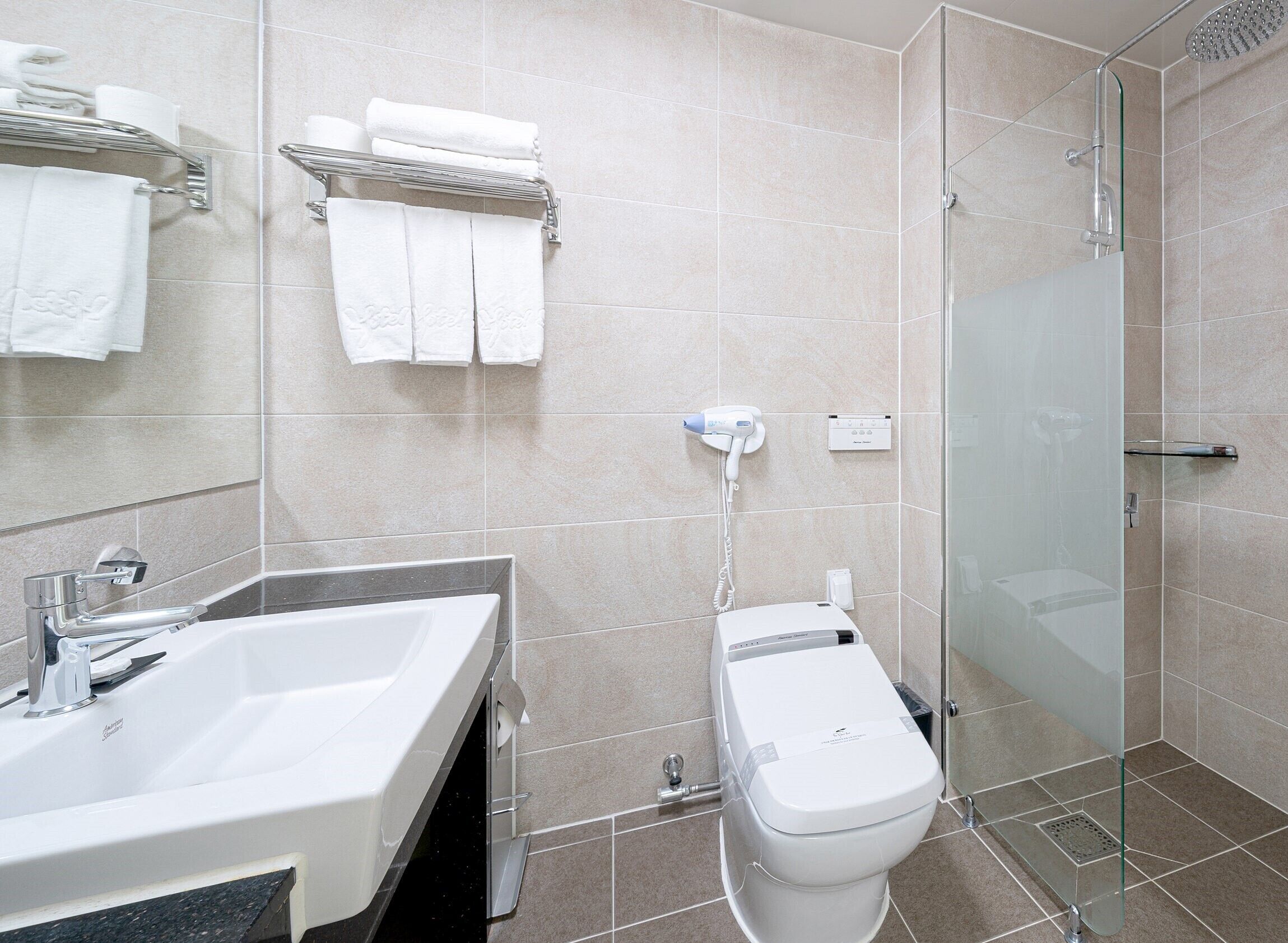 shower, hair dryer, bidet, towels