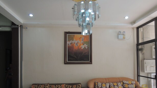 A living room with two sofas, a chandelier, and a framed picture on the wall.