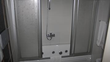 A glass-enclosed shower stall with a handheld showerhead, a towel hanging on the door, and a visible toilet paper holder.