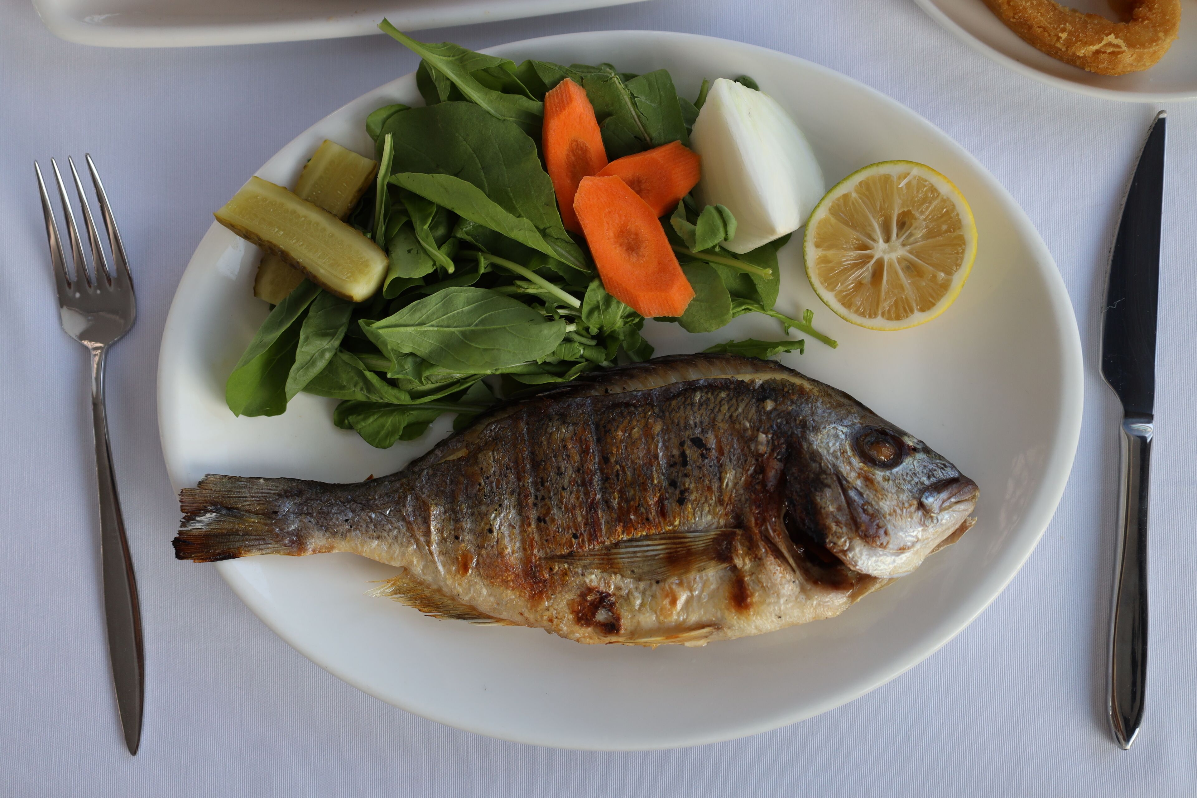 Un piatto con pesce alla griglia, insalata mista, fettine di carota, limone e sottaceti.