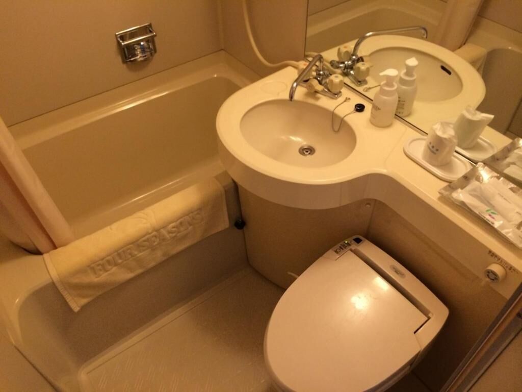 combined shower/bathtub, free toiletries, hair dryer, slippers