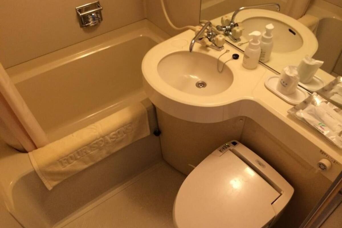 combined shower/bathtub, free toiletries, hair dryer, slippers