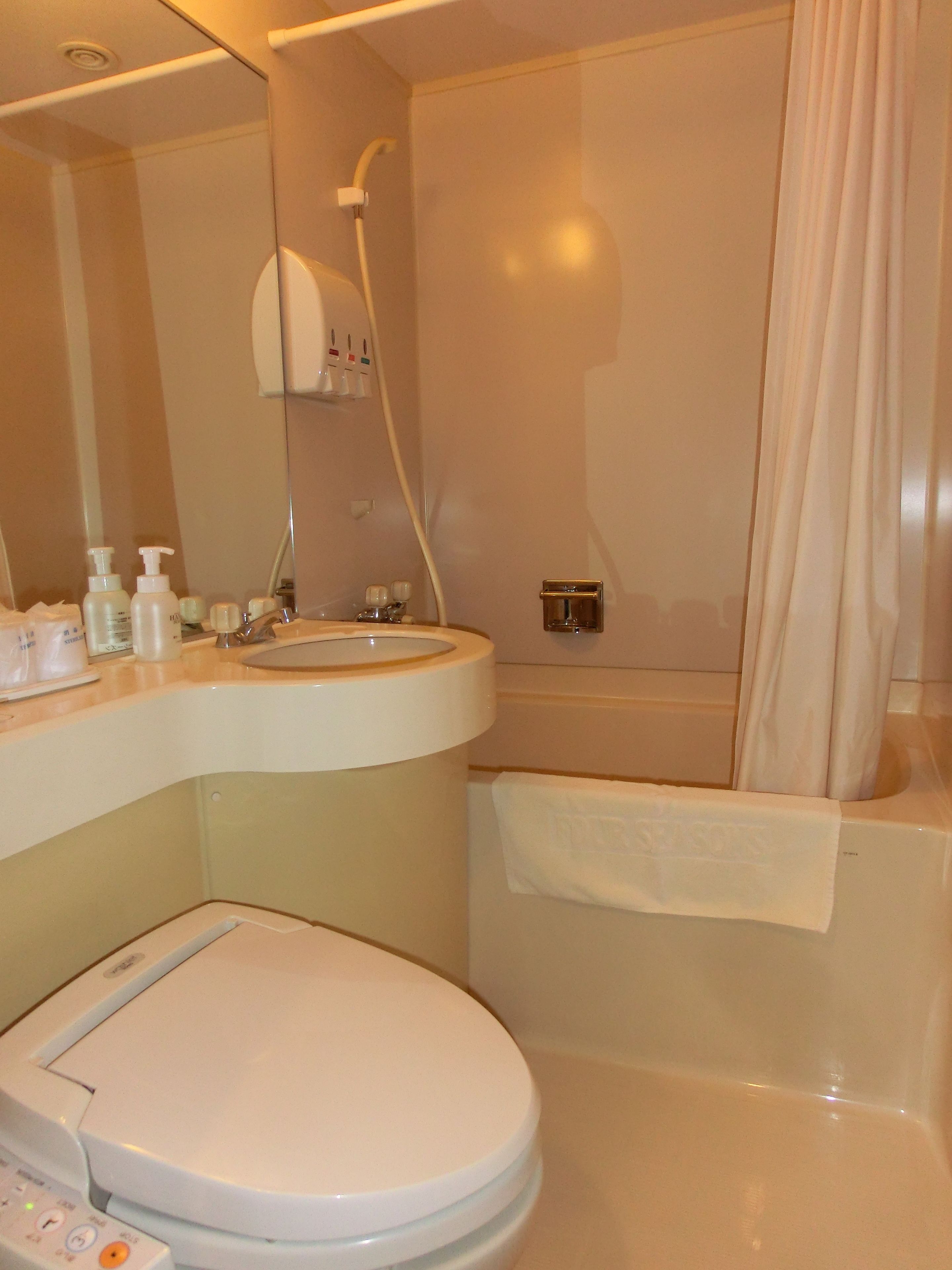 combined shower/bathtub, free toiletries, hair dryer, slippers