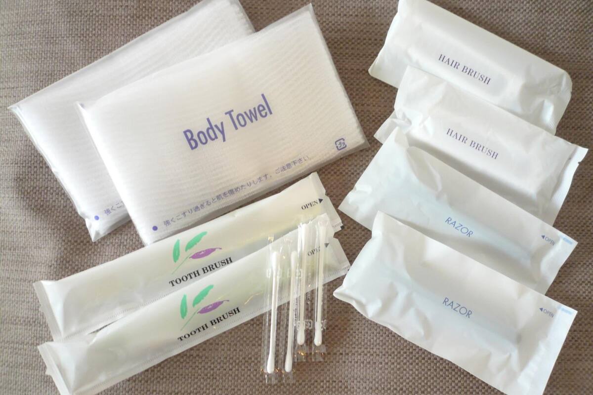 combined shower/bathtub, free toiletries, hair dryer, slippers