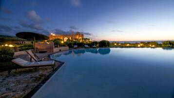 Outdoor pool, pool umbrellas, pool loungers