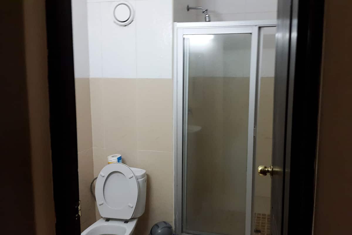 Un baño con inodoro, ducha y dispensador de papel higiénico.