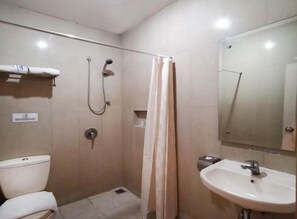 A small, private bathroom with a toilet, shower, and sink.