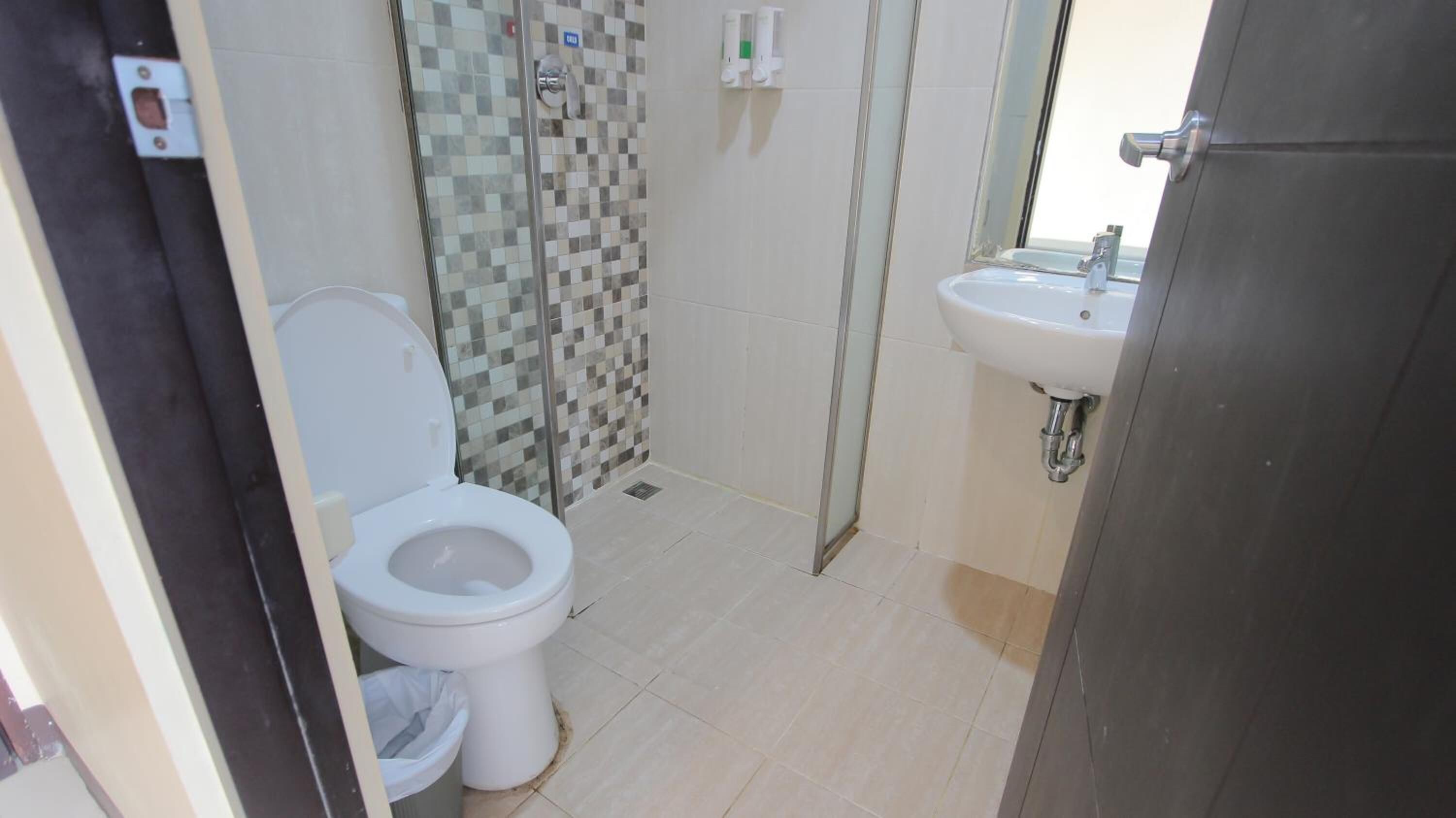 Une salle de bain comprenant des toilettes, un espace douche avec un mur carrelé et un lavabo.