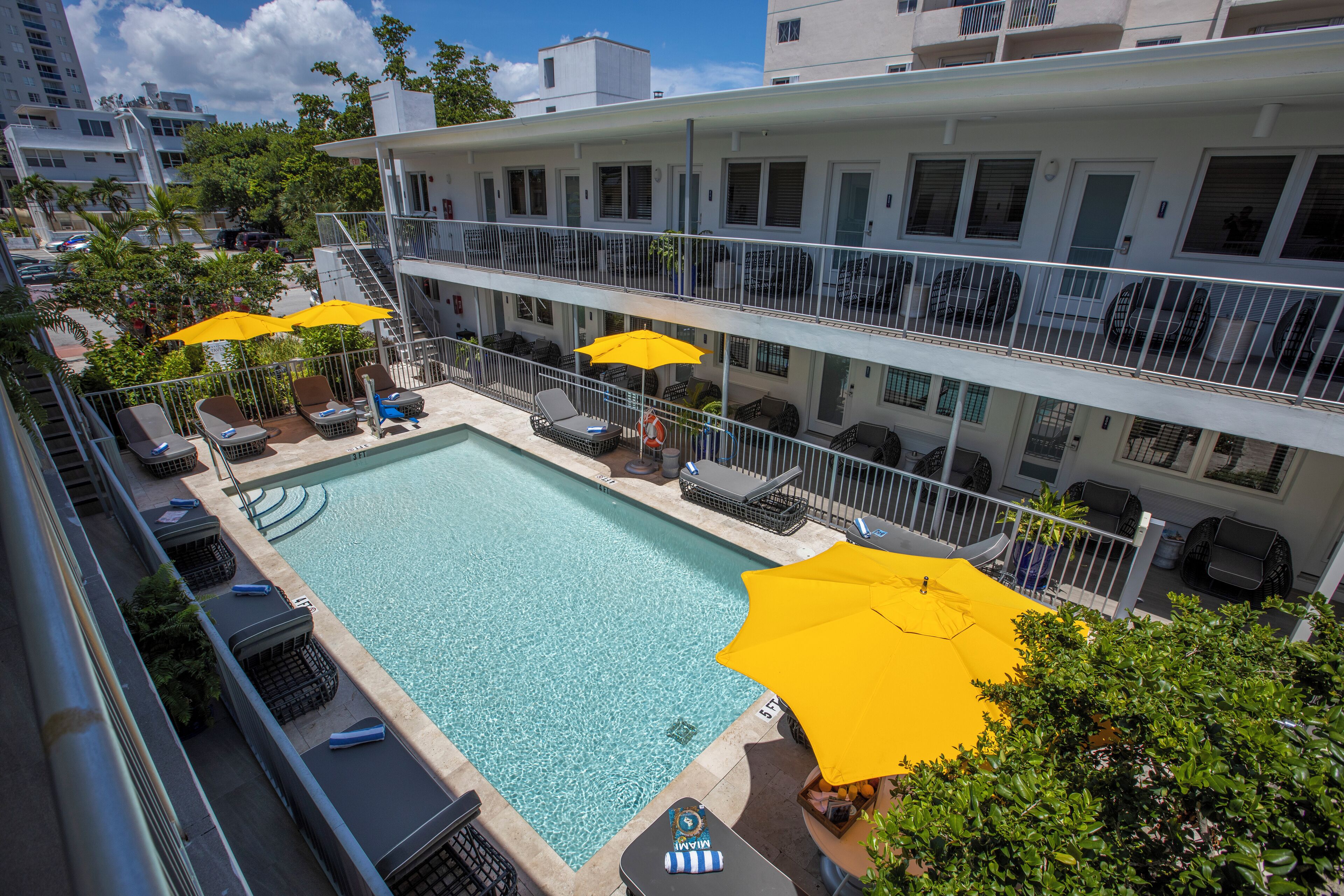 Outdoor pool, pool umbrellas, pool loungers