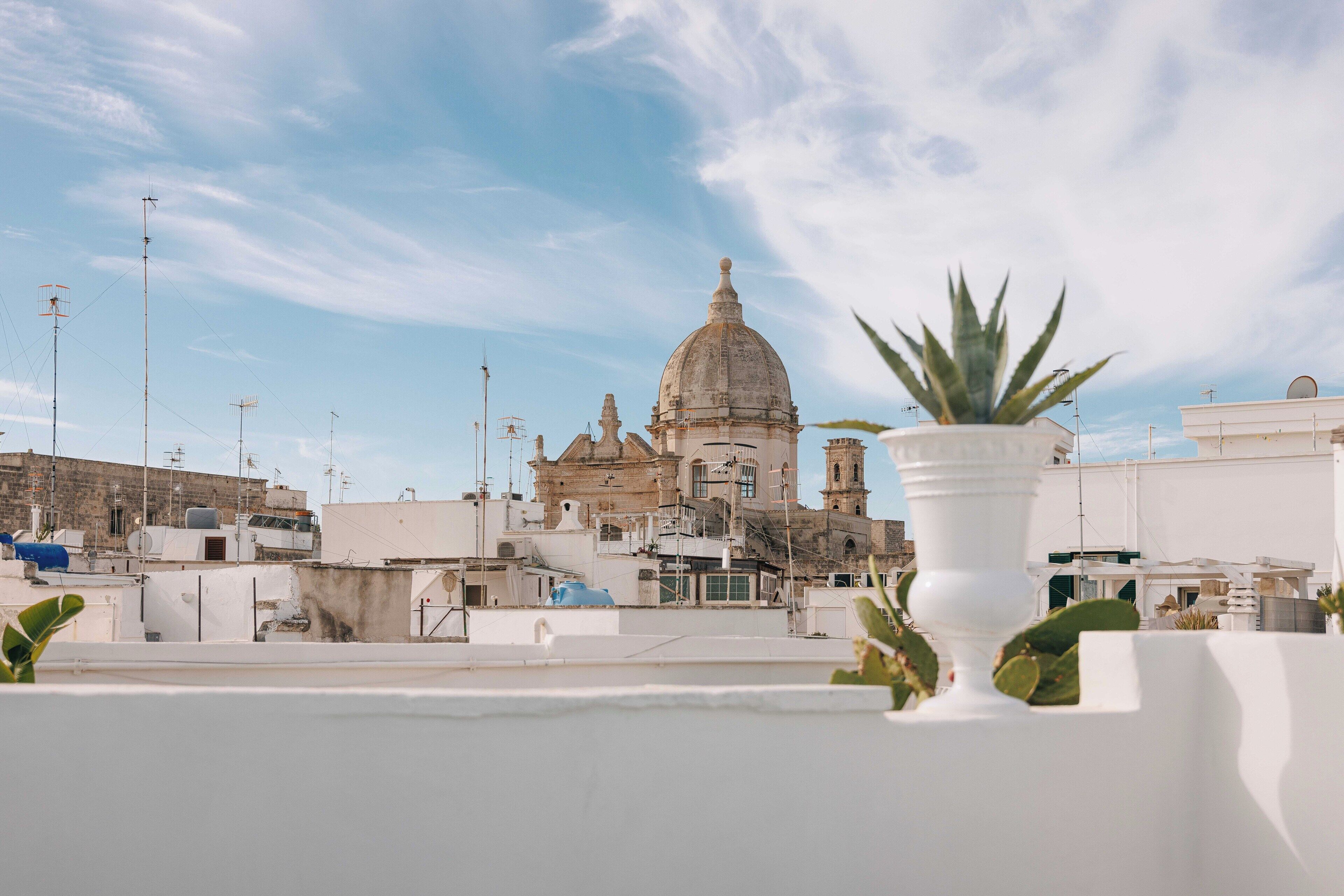 A rooftop with a view of a historic building with a dome and bell towers.