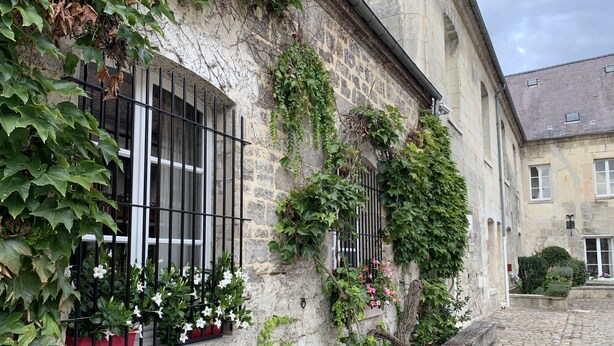A stone building with ivy-covered walls, a cobblestone street, and flower boxes on the windowsills. - Hotel Le Regent (Villers-Cotterets)
