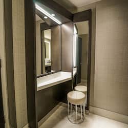 Separate tub and shower, designer toiletries, hair dryer, bathrobes