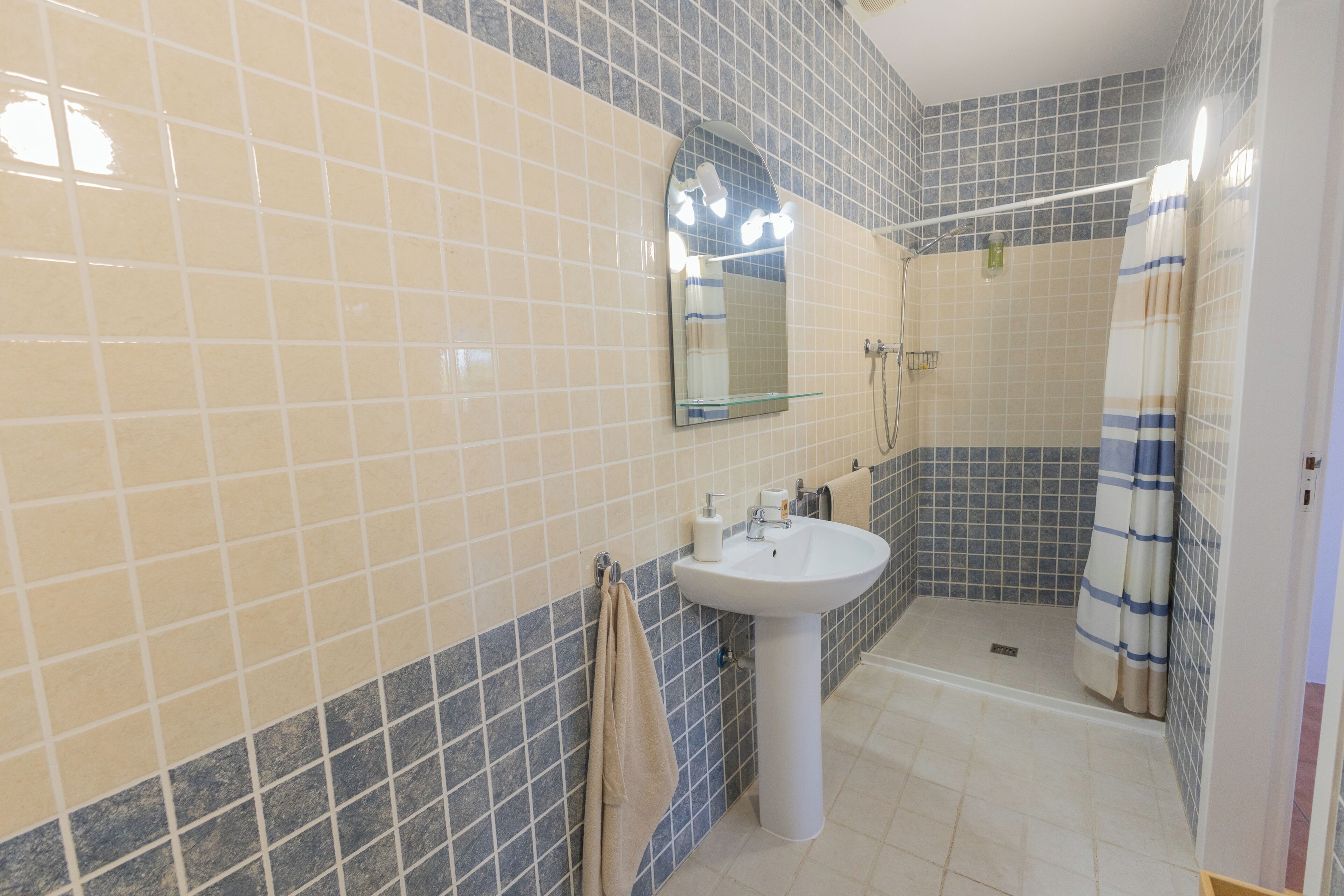 Une salle de bain avec un lavabo, un miroir et une douche.