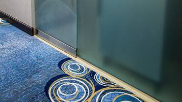 A hotel room with a glass door labeled "ICE," a blue patterned carpet, and a wooden floor.