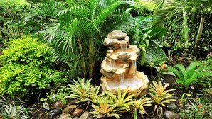 Une fontaine en pierre à plusieurs niveaux, entourée d’une végétation luxuriante et de différentes plantes.