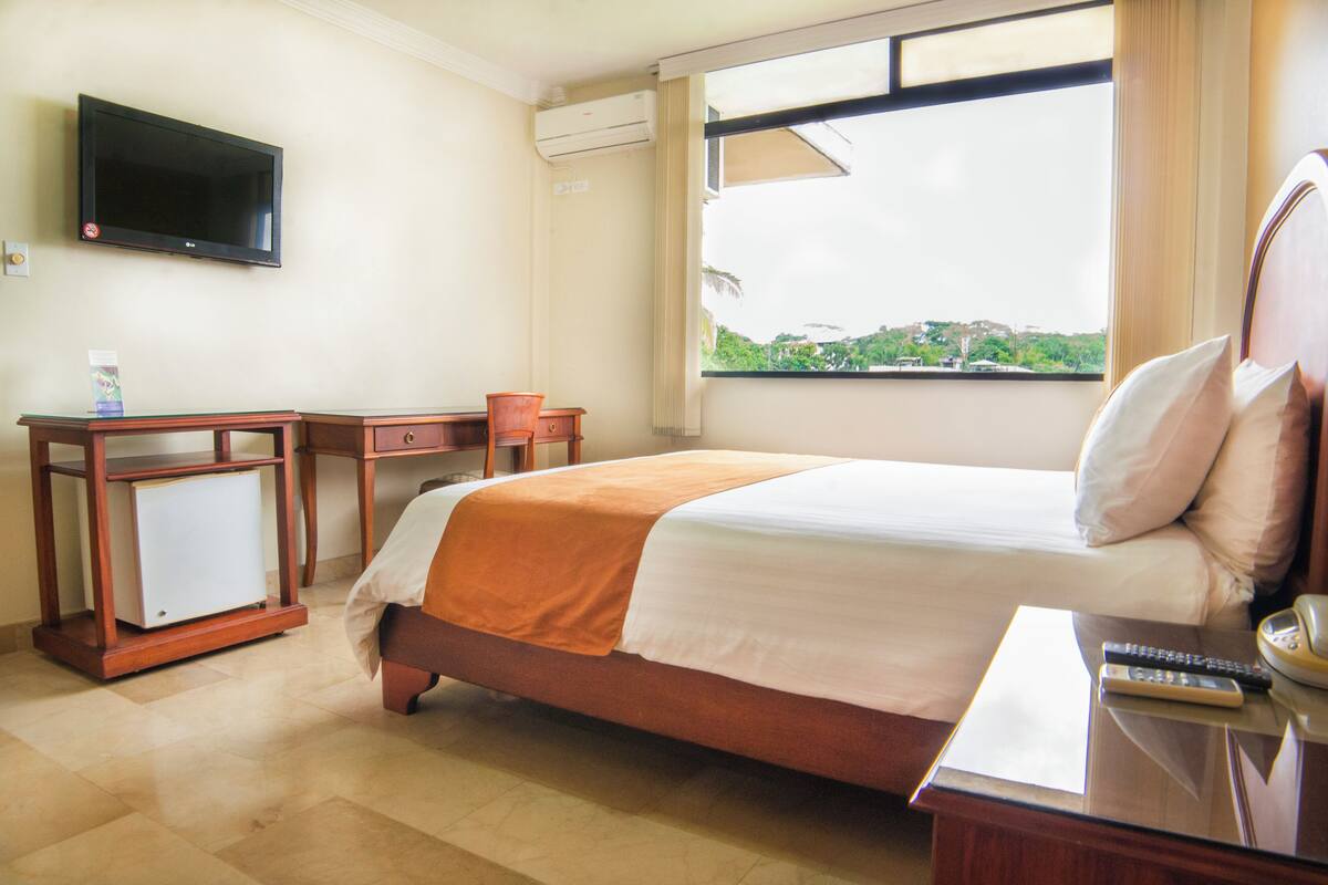Een hotelkamer met een bed, een bureau, een stoel, een televisie en een raam met uitzicht.