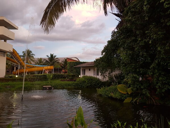 A water feature with a fountain, surrounded by lush greenery and a building with a sloped roof.