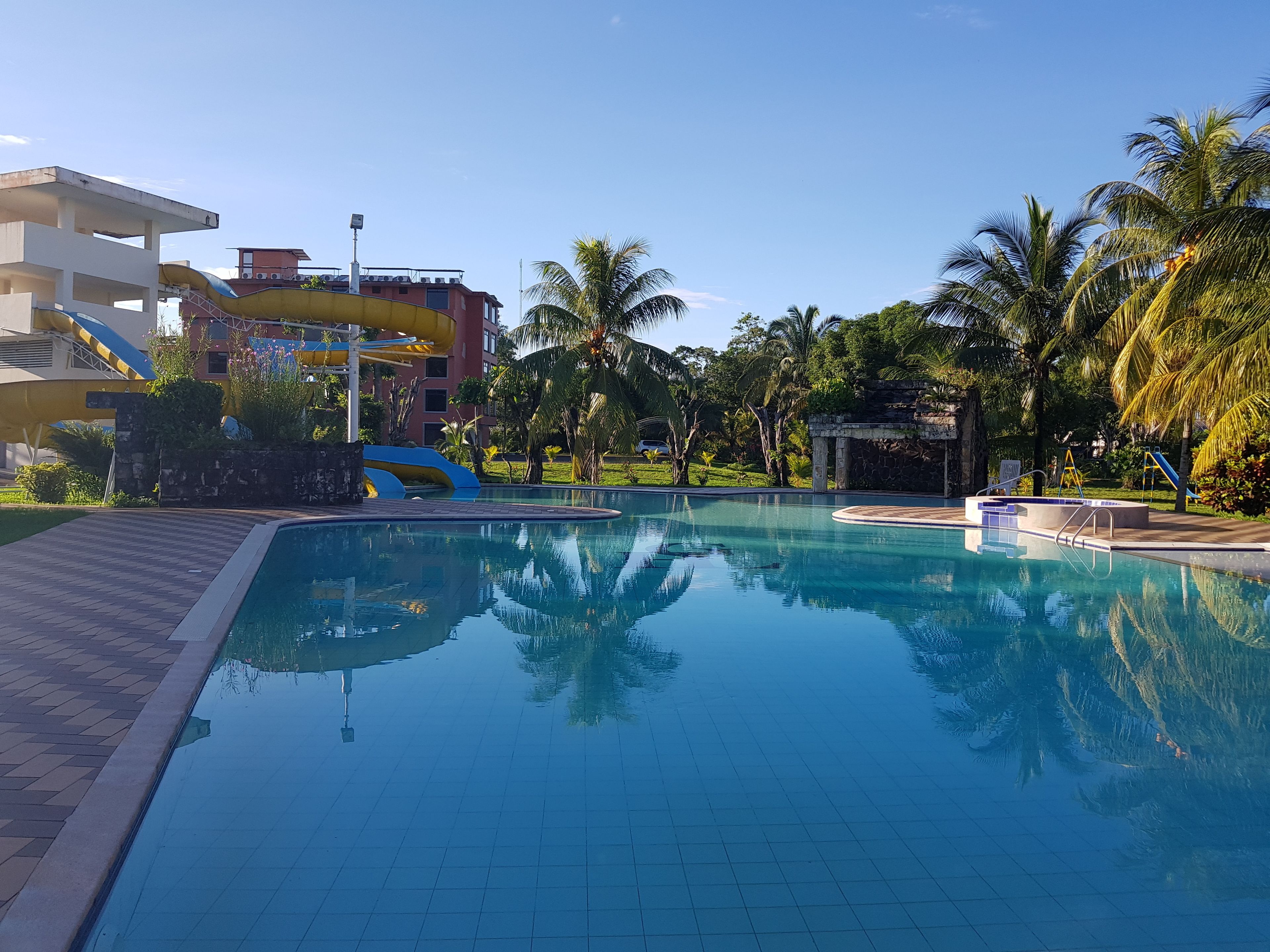 A swimming pool with a tiled deck, palm trees, and a water slide in the background.
