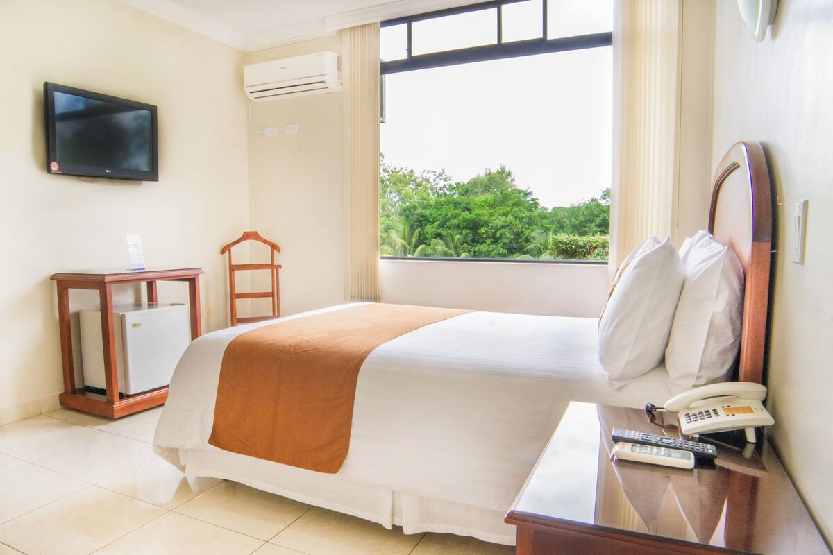 Hotelkamer met een bed, bureau, telefoon, airconditioning, televisie en een raam met uitzicht op groen.