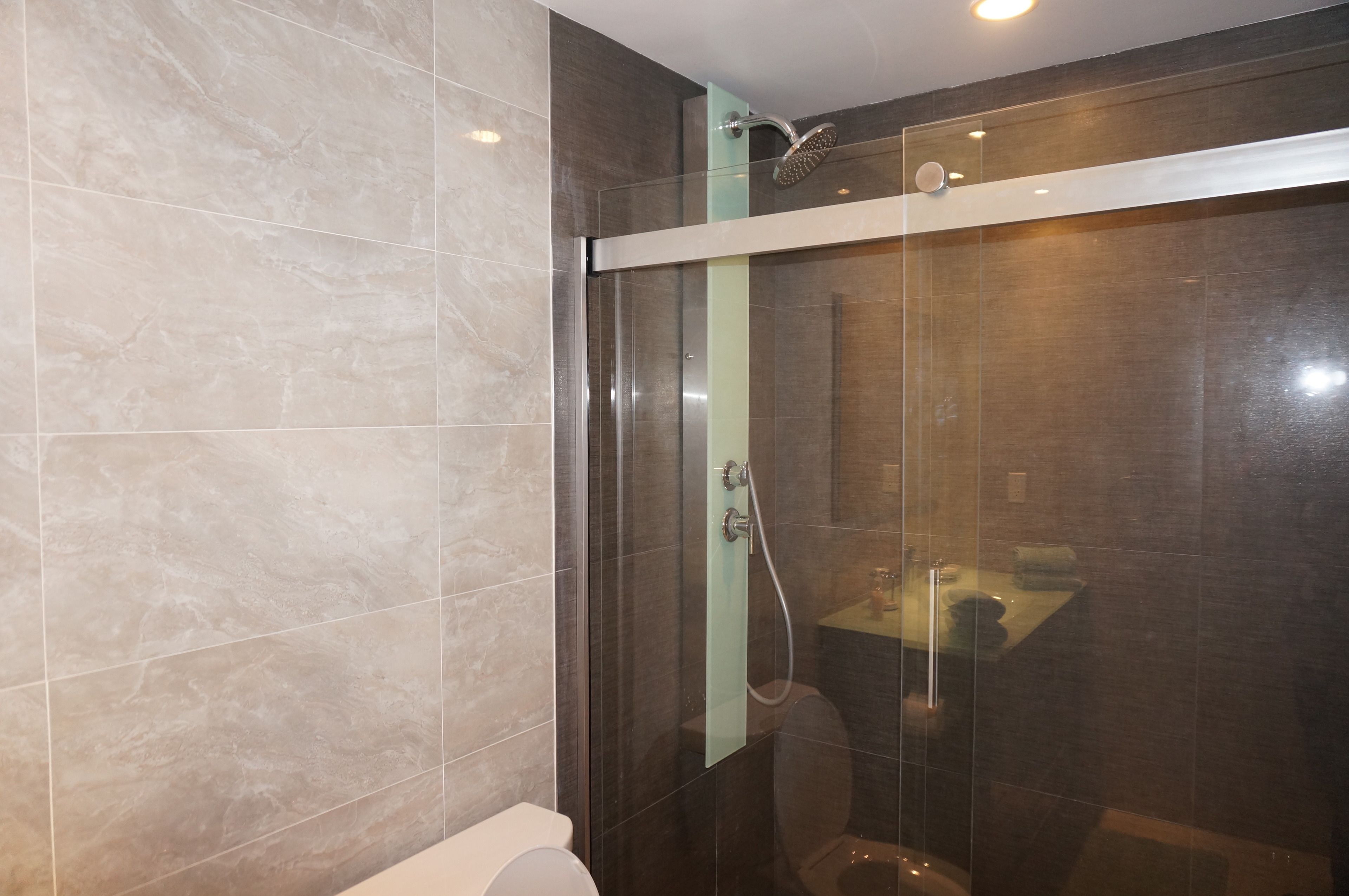 A modern bathroom with a glass-enclosed shower, a toilet, and a sink.