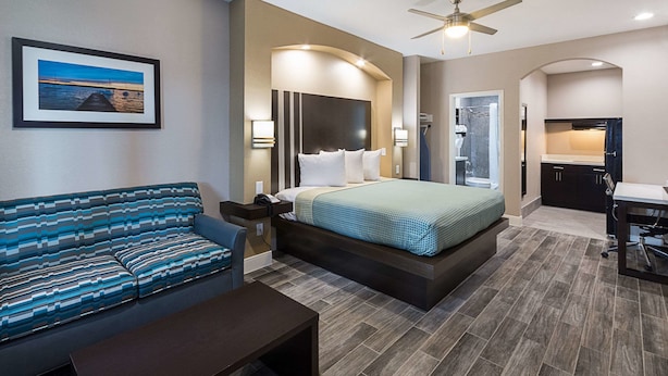 Una habitación de hotel moderna con cama, sofá, escritorio y zona de ducha.