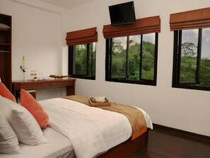 Een slaapkamer met een bed, een bureau en een televisie. Er zijn ramen met uitzicht op groen.
