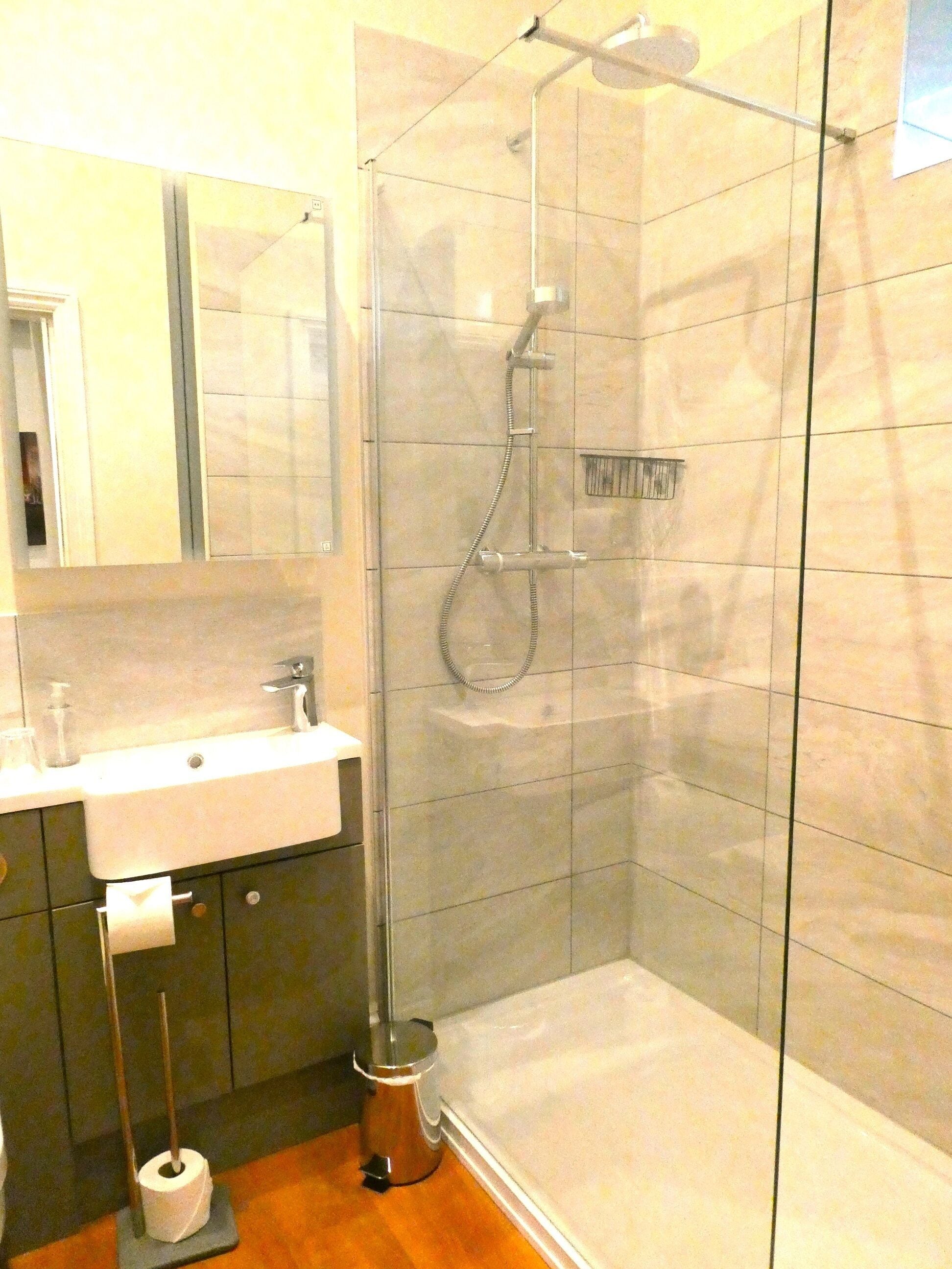 A modern bathroom with a glass-enclosed shower, a sink with a mirror, and a toilet.