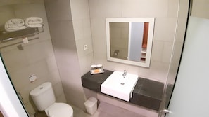 Een badkamer met toilet, wastafel en spiegel.