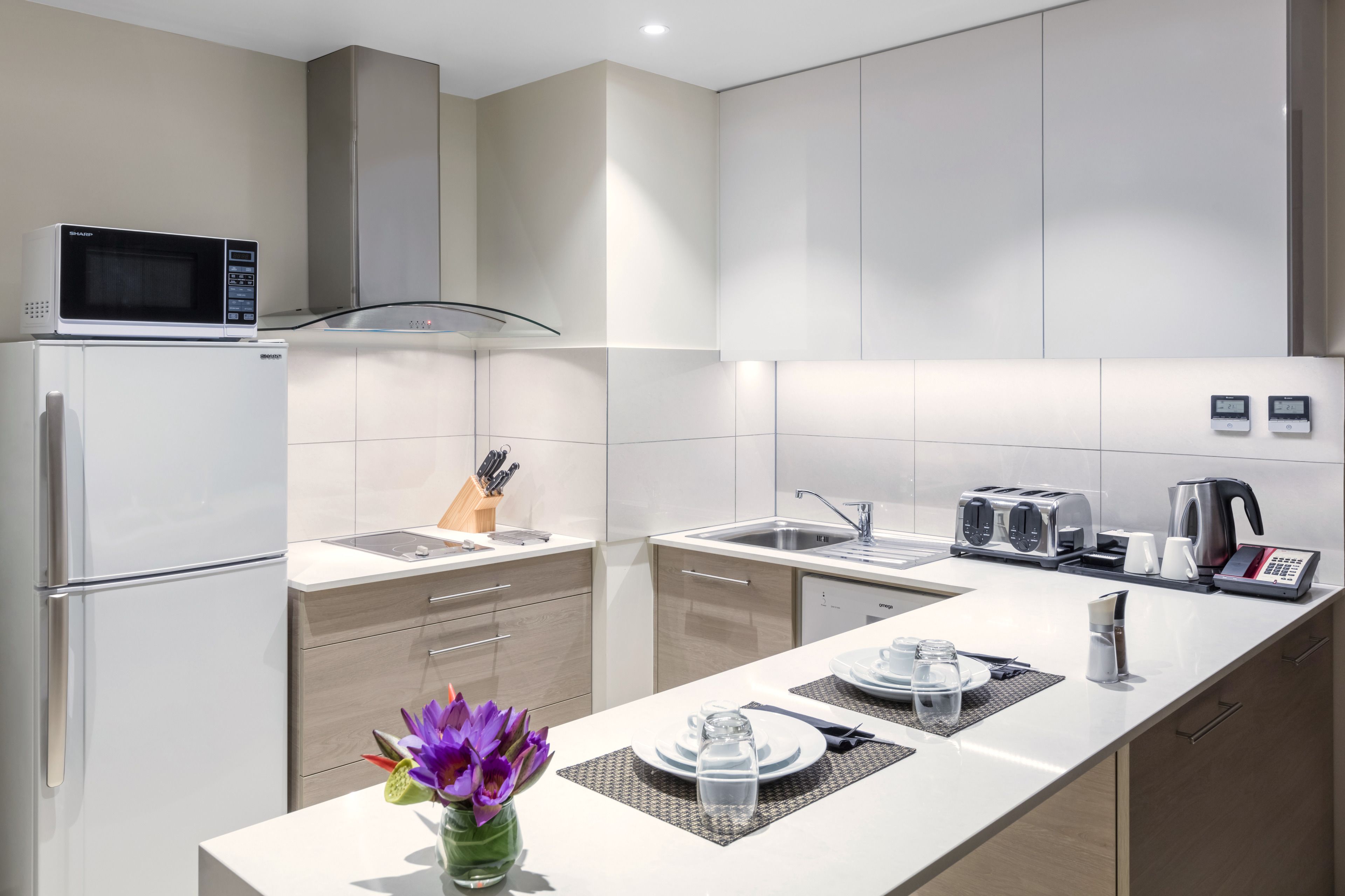 full-sized fridge, microwave, stovetop, dishwasher