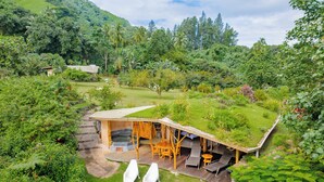 A house with a grass roof, surrounded by lush greenery and a small pool. - Vanira Lodge (Taiarapu-Ouest)