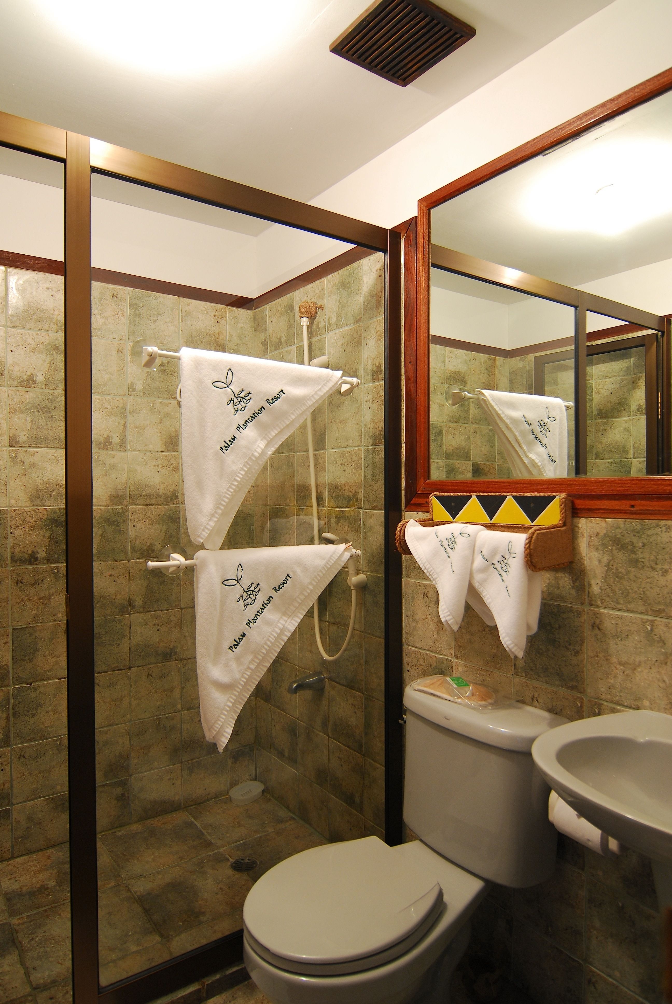 Ein Badezimmer mit Dusche, Toilette und Waschbecken. Handtücher hängen an Haken und über dem Waschbecken befindet sich ein Spiegel.
