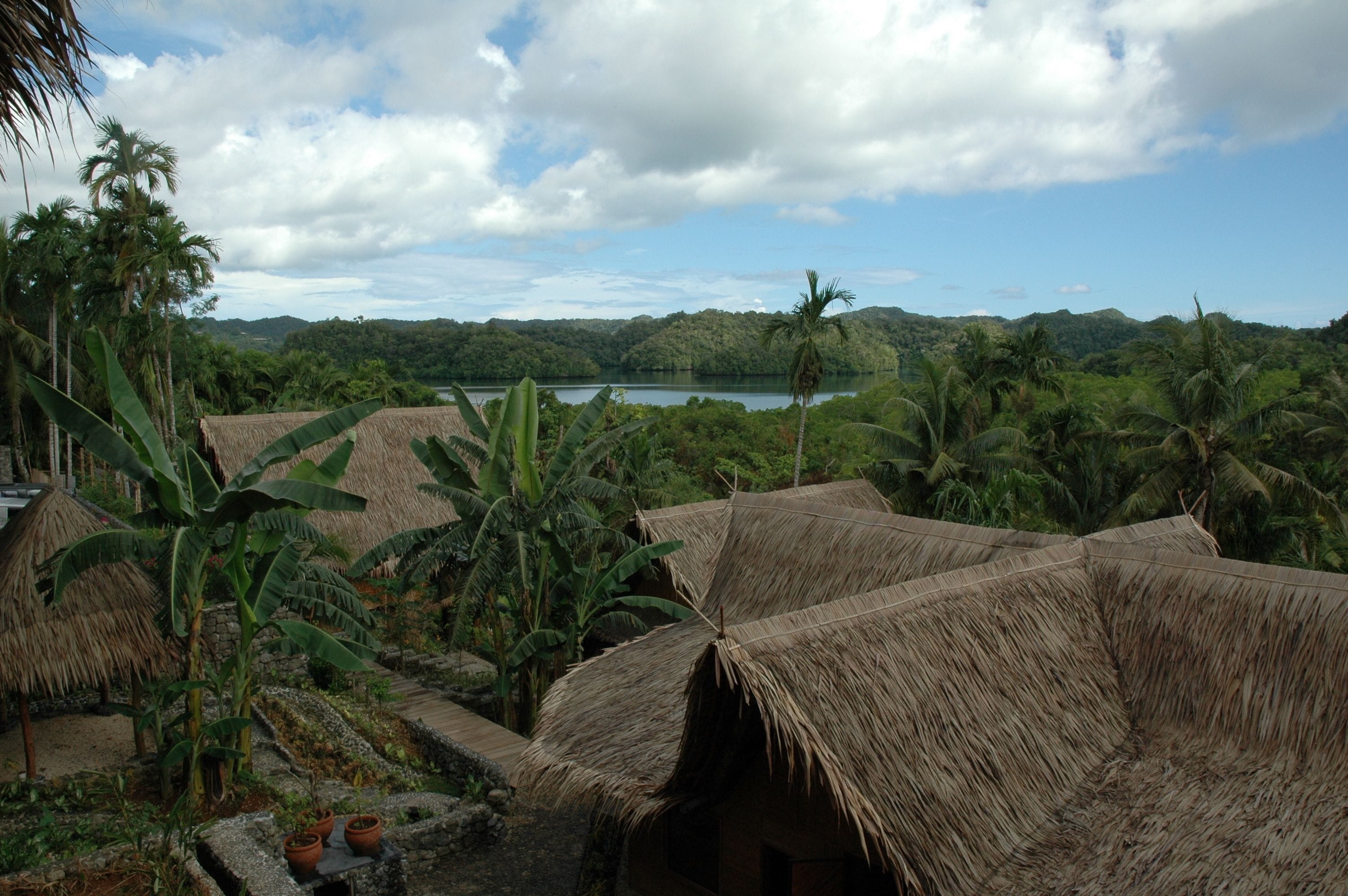 A tropical landscape with thatched-roof huts, lush greenery, and a lake in the background.